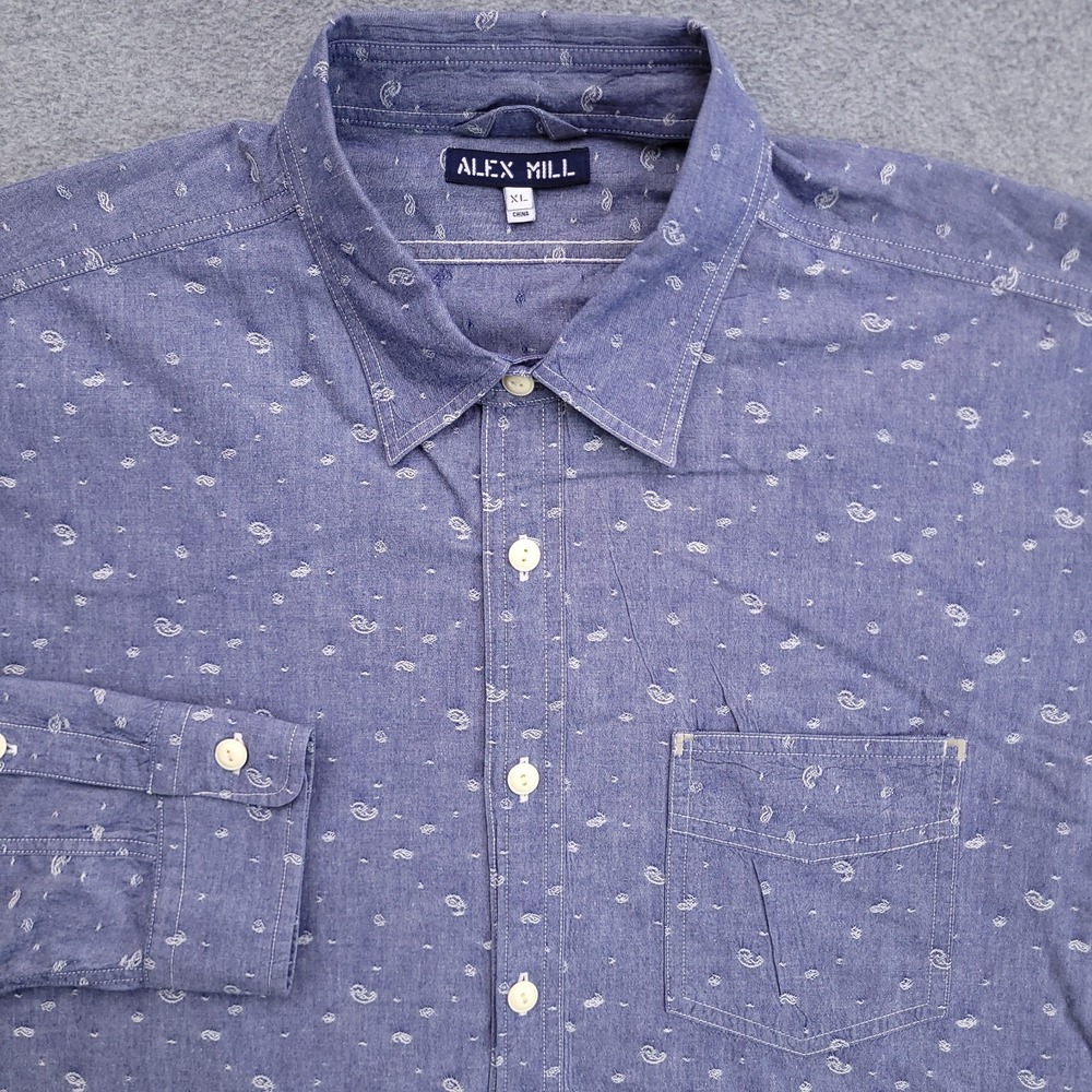 Alex Mill Shirt Mens XL Chambray Blue Paisley Button Up Chore Embroidered